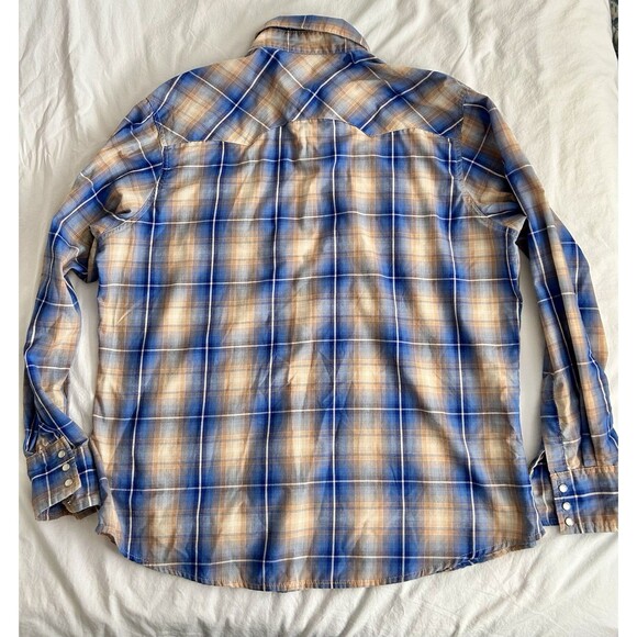 WRANGLER WRANCHER WESTERN PLAID PEARL SNAP SHIRT BLUE BROWN MULTI MENS XL - Picture 2 of 9